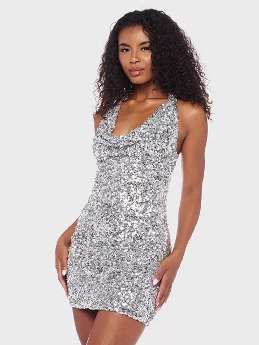 Sequin Cowl Neck Mini Dress in Silver - Women's Party Dress